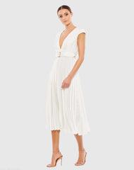 White Pleated Cap Sleeve Belted A Line Dress