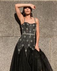 Black Slim Strap Embellished Bustier Gown