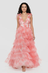 Kylee | V-Neck Tie Straps Red Floral Print Layered Long Prom Dress