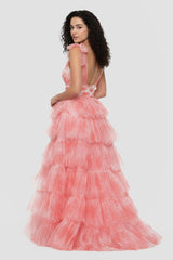 Kylee | V-Neck Tie Straps Red Floral Print Layered Long Prom Dress