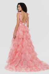 Kylee | V-Neck Tie Straps Red Floral Print Layered Long Prom Dress