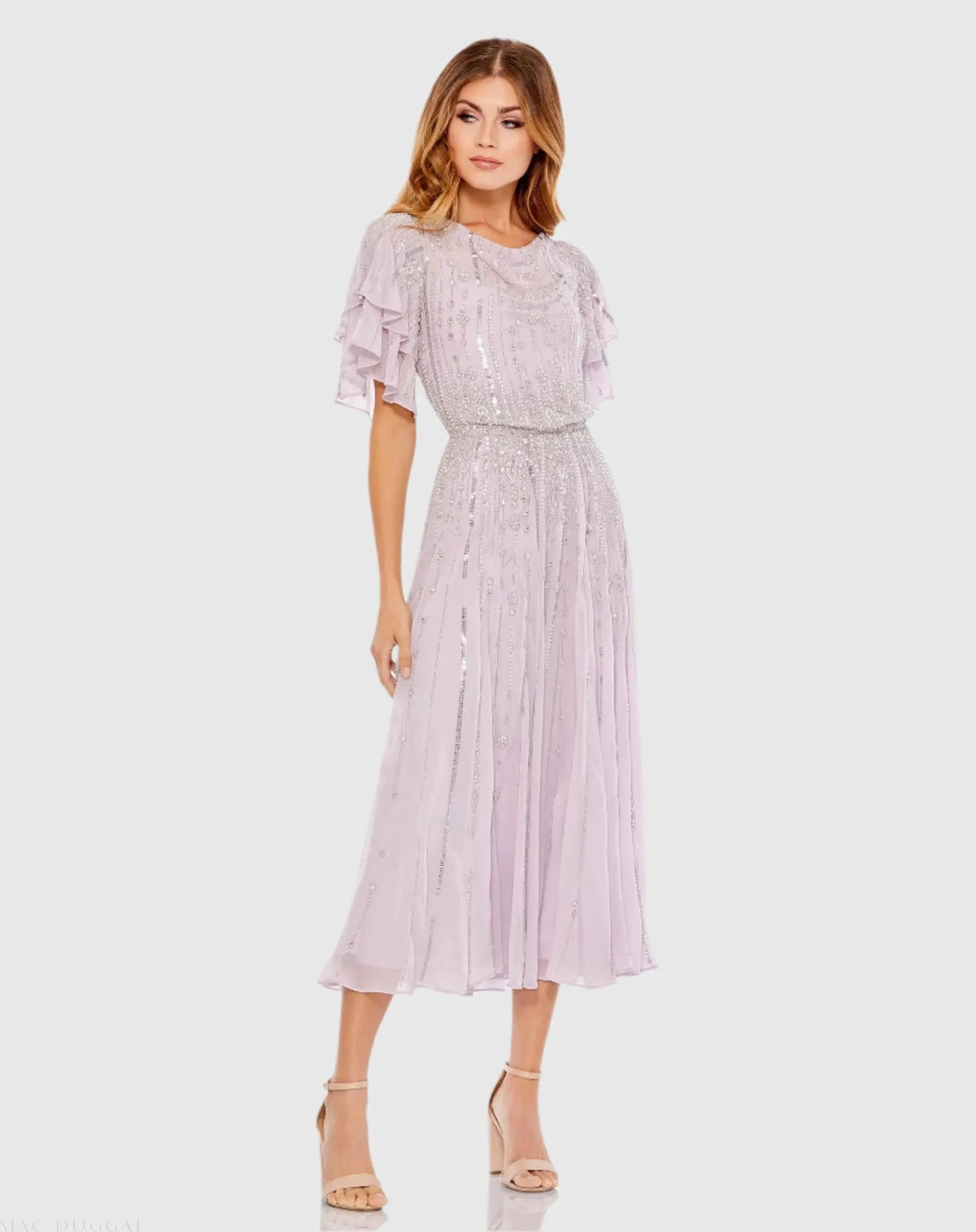 Purple High Neck Embellished Flutter Sleeve Midi Dress
