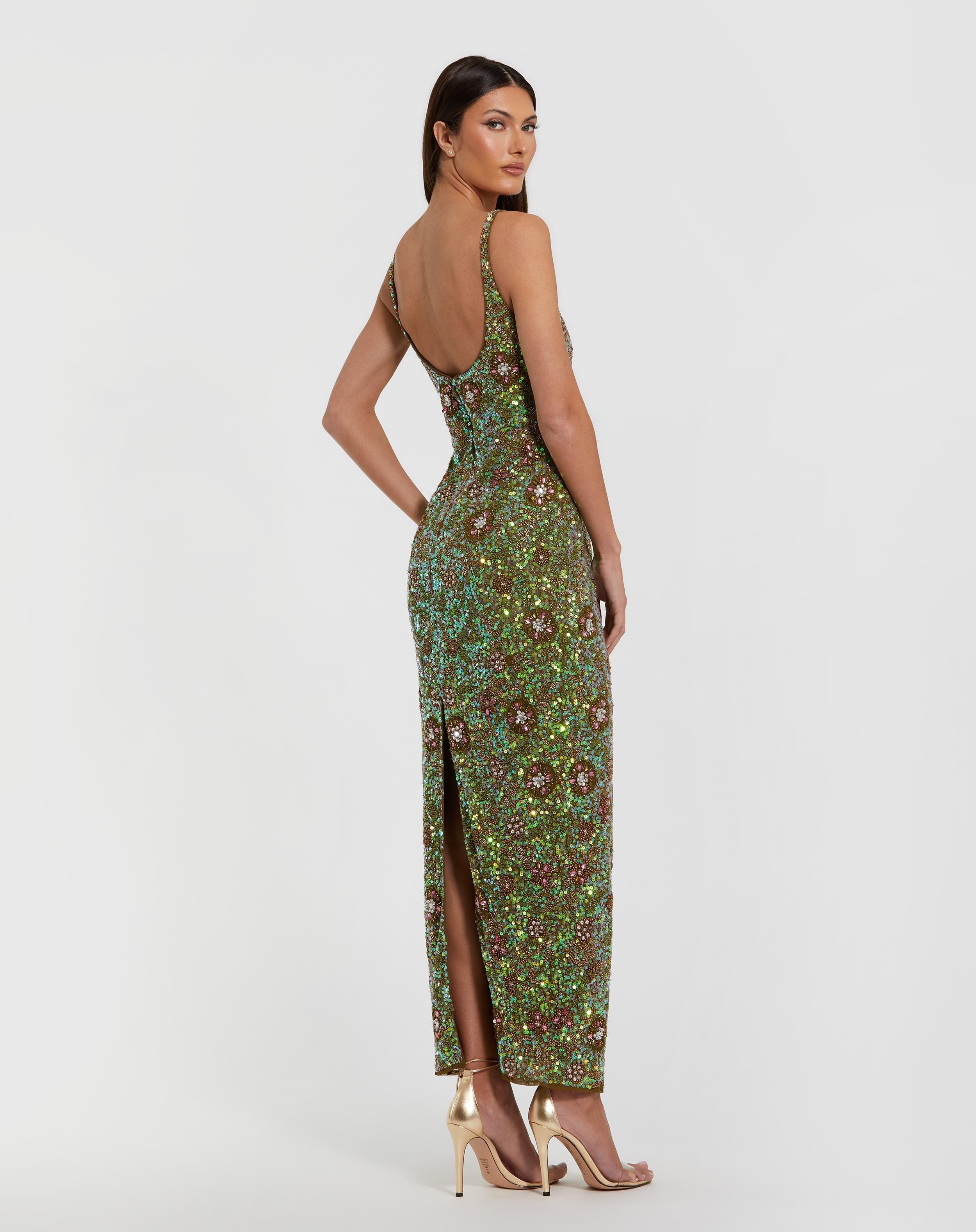 Green Sleeveless Hand Embellished Floral Maxi Dress