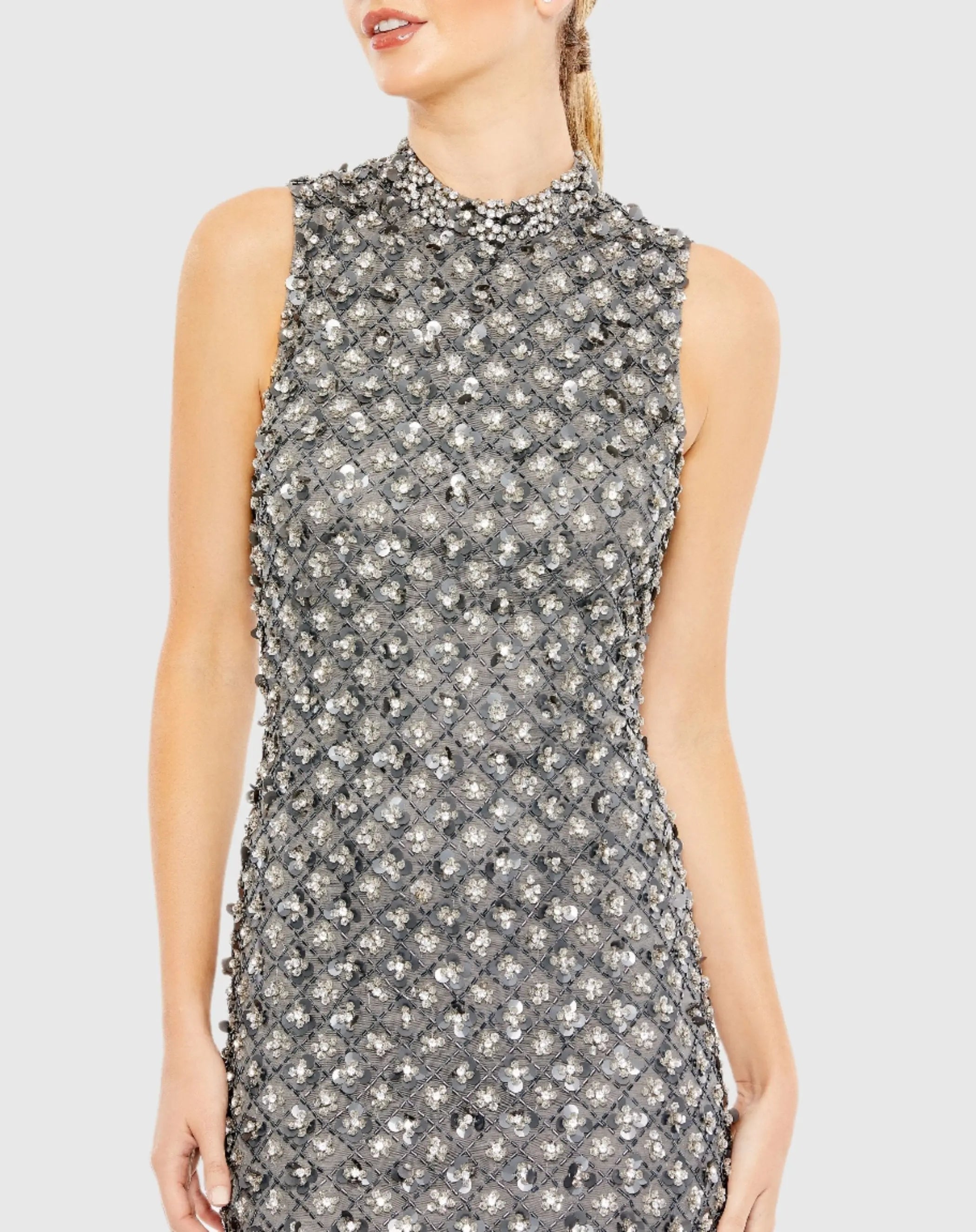 Gray Embellished High Neck Sleeveless Sheath Dress