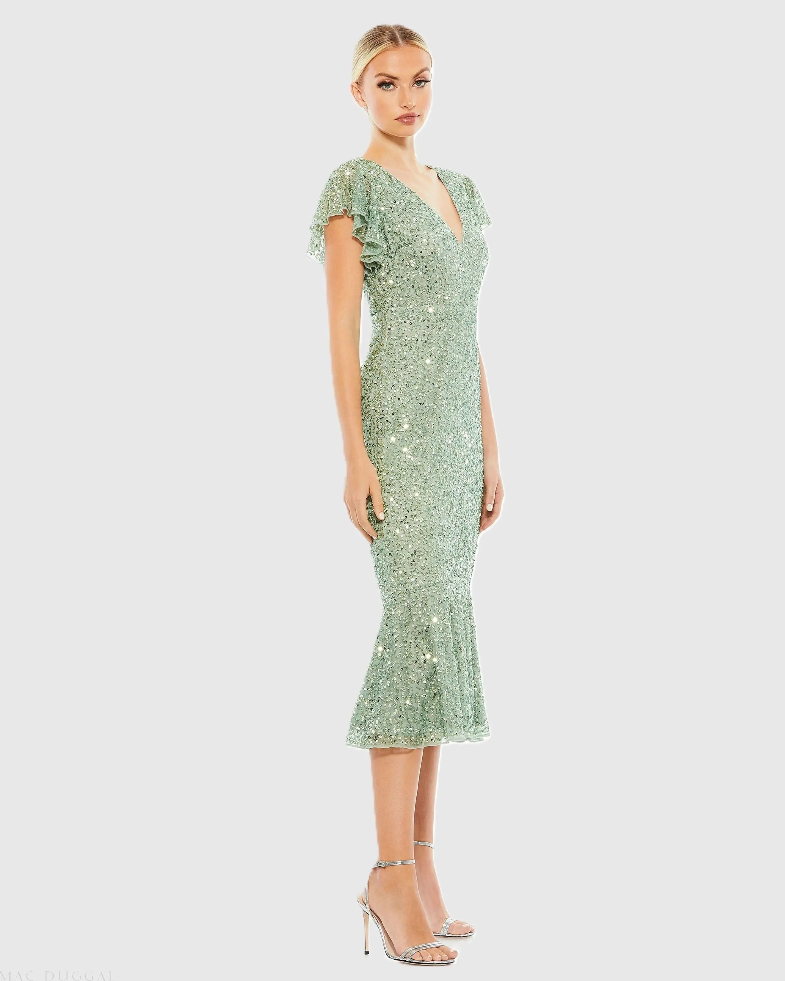 Green Sequined V Neck Flutter Cap Sleeve Trumpet Dress