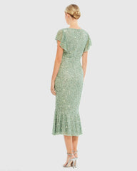Green Sequined V Neck Flutter Cap Sleeve Trumpet Dress