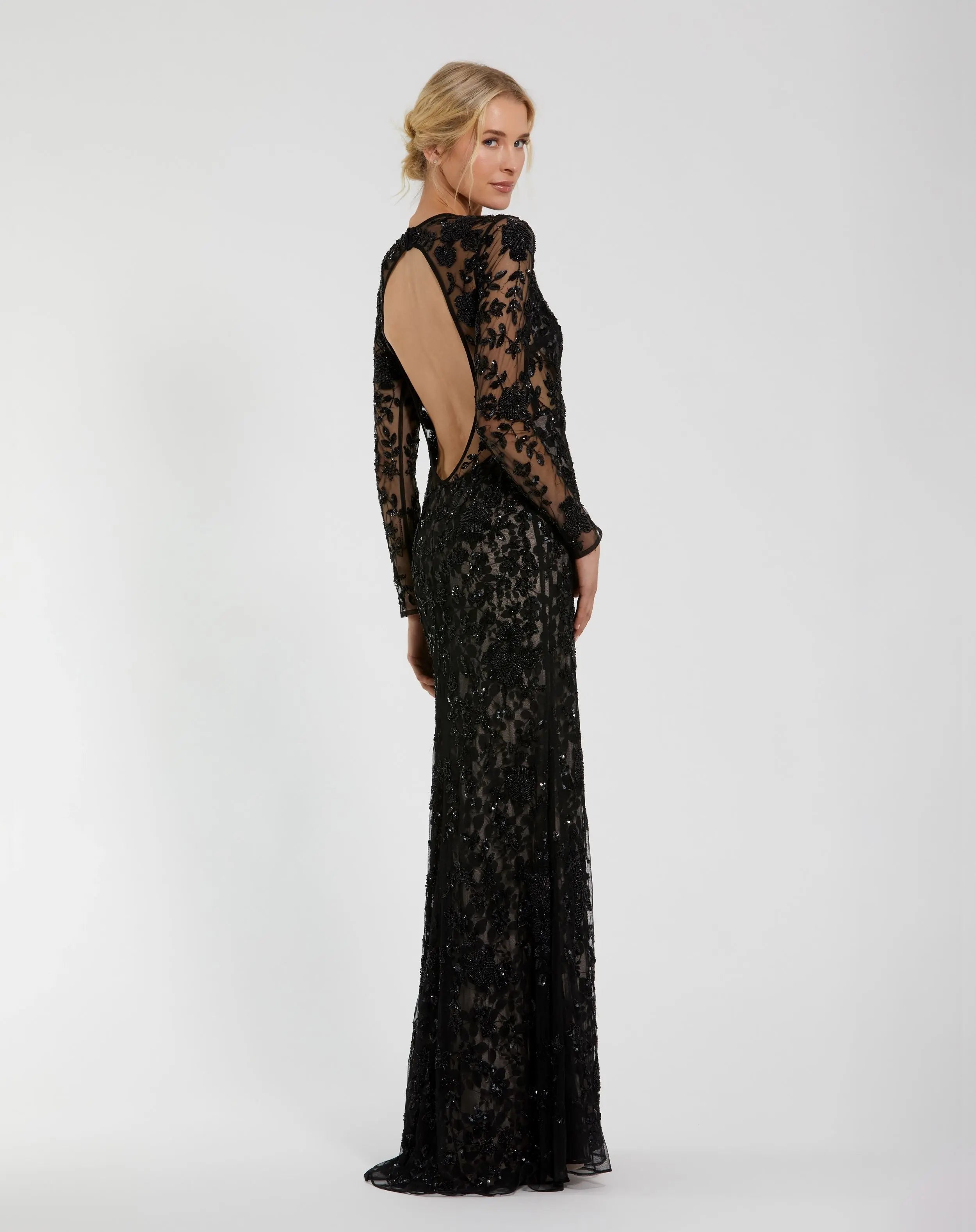 Black Long Sleeve Floral Embellished Gown