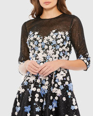 Black Floral Embroidered A-Line Tea-Length Cocktail Dress