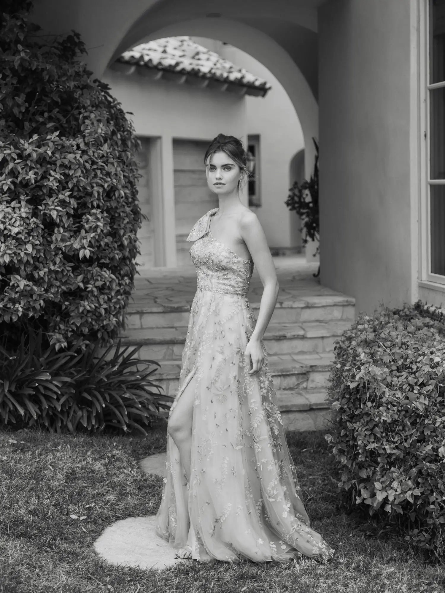 Green Embellished Bow One Shoulder A Line Gown