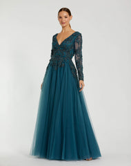 Teal Long Sleeve Embellished Tulle Gown