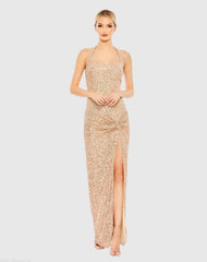 Gold Sequined Halter Strap Low Side Knot Gown