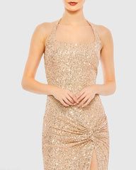 Gold Sequined Halter Strap Low Side Knot Gown