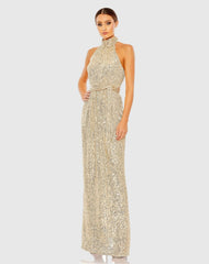 Gold Sequin Halter Neck Column Gown with Tie Belt