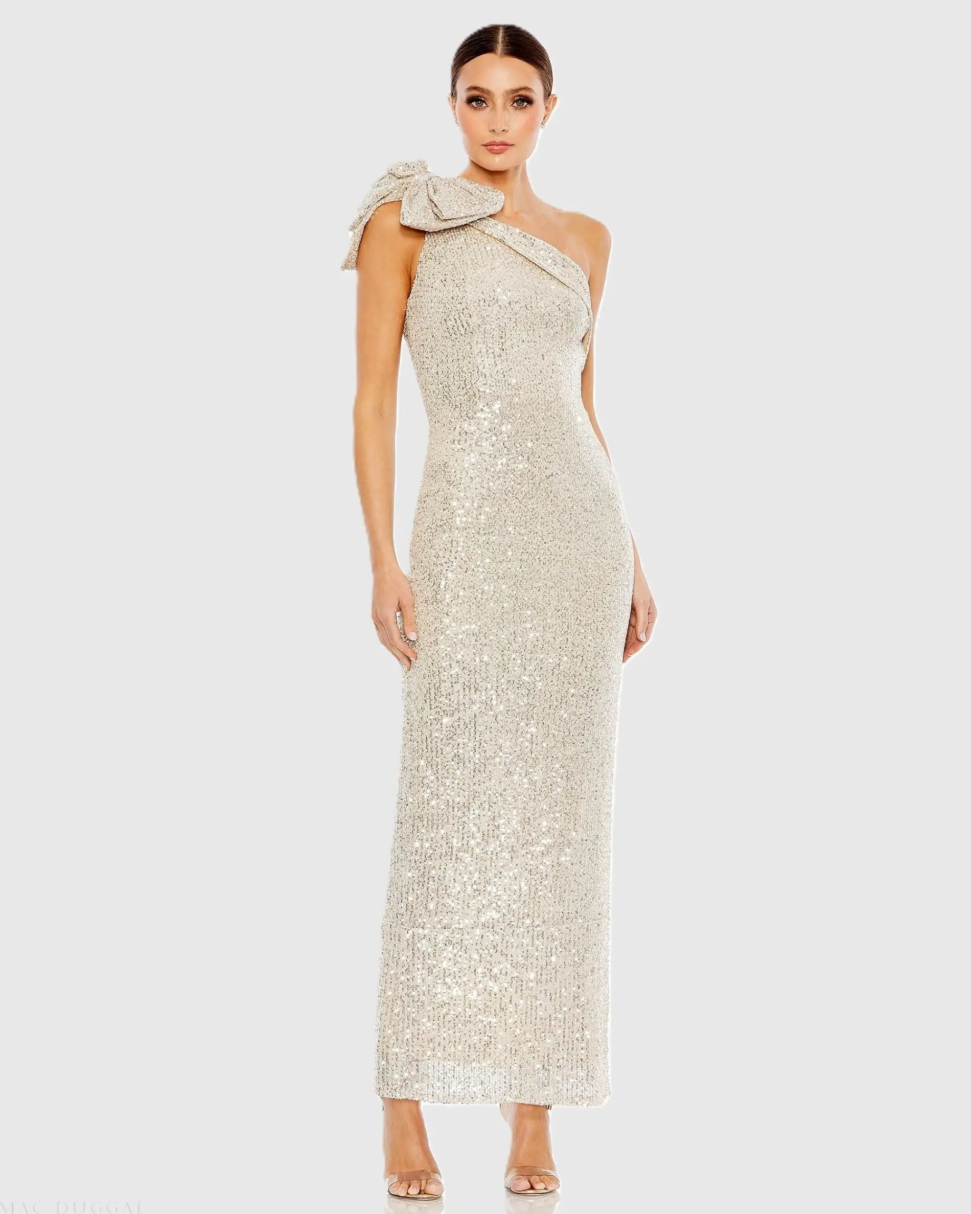 Sequined Bow One Shoulder Column Gown