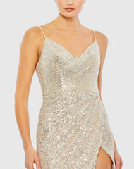 Silver Sequined Cowl Neck Faux Wrap Dress