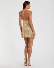 Gold Sequined Faux Wrap Ruffled Hem Mini Dress