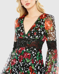 Black V Neck Floral Long Puff Sleeve Ruffle Dress - FINAL SALE