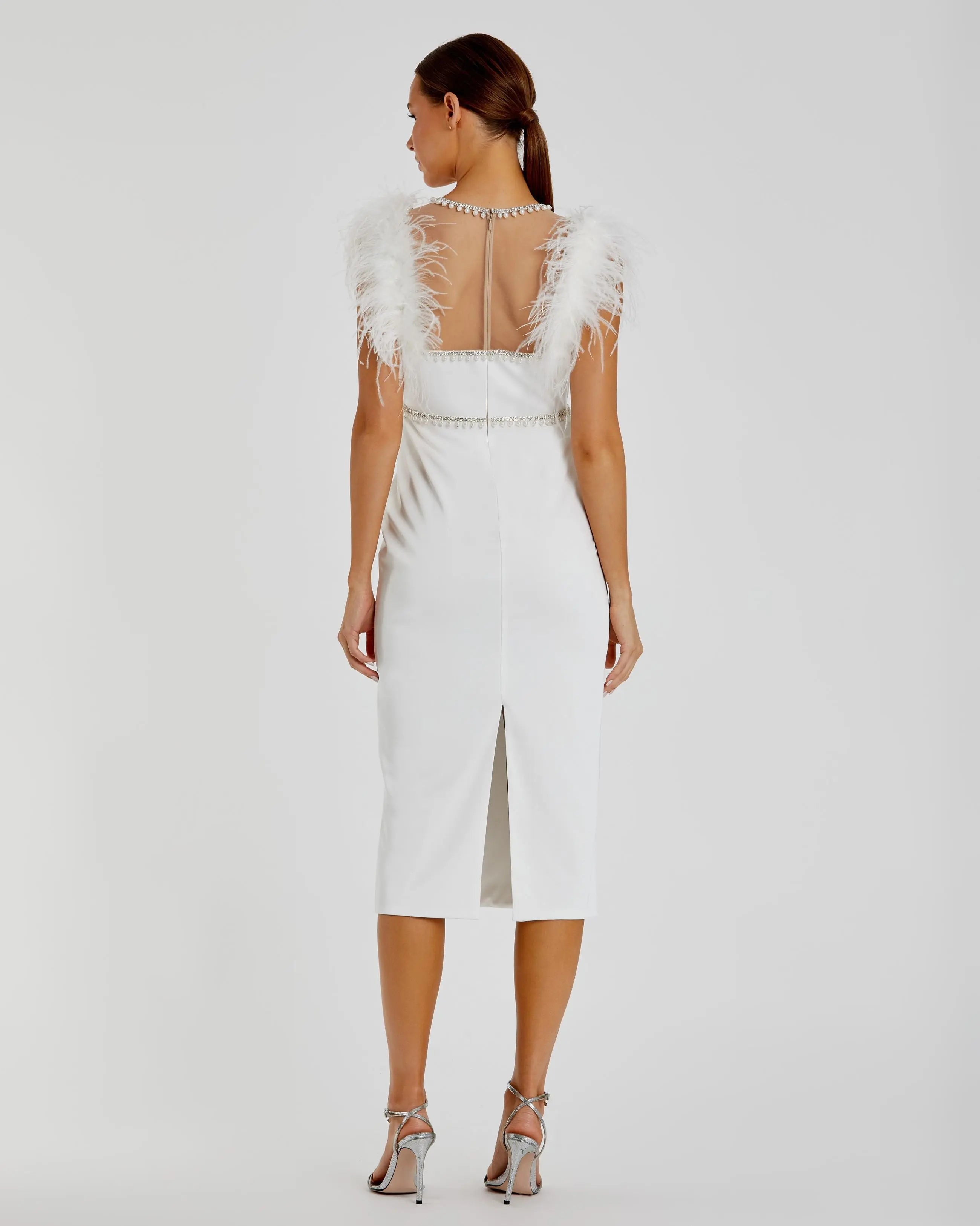 White Feather Cap Sleeve Pearl Embellished Tea-length Fit Dress