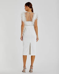 White Feather Cap Sleeve Pearl Embellished Tea-length Fit Dress