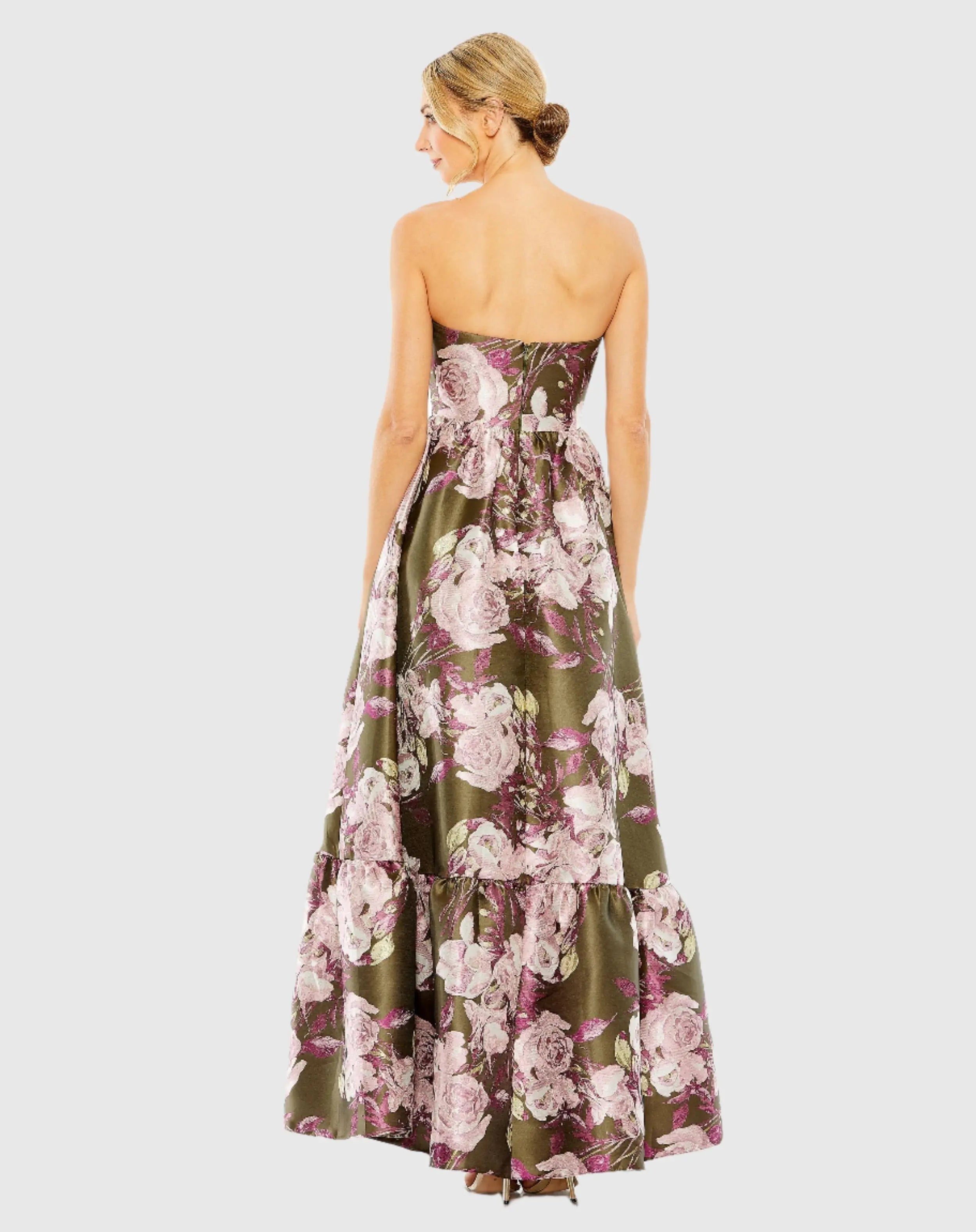 Green Strapless Bottom Ruffle Floral Gown