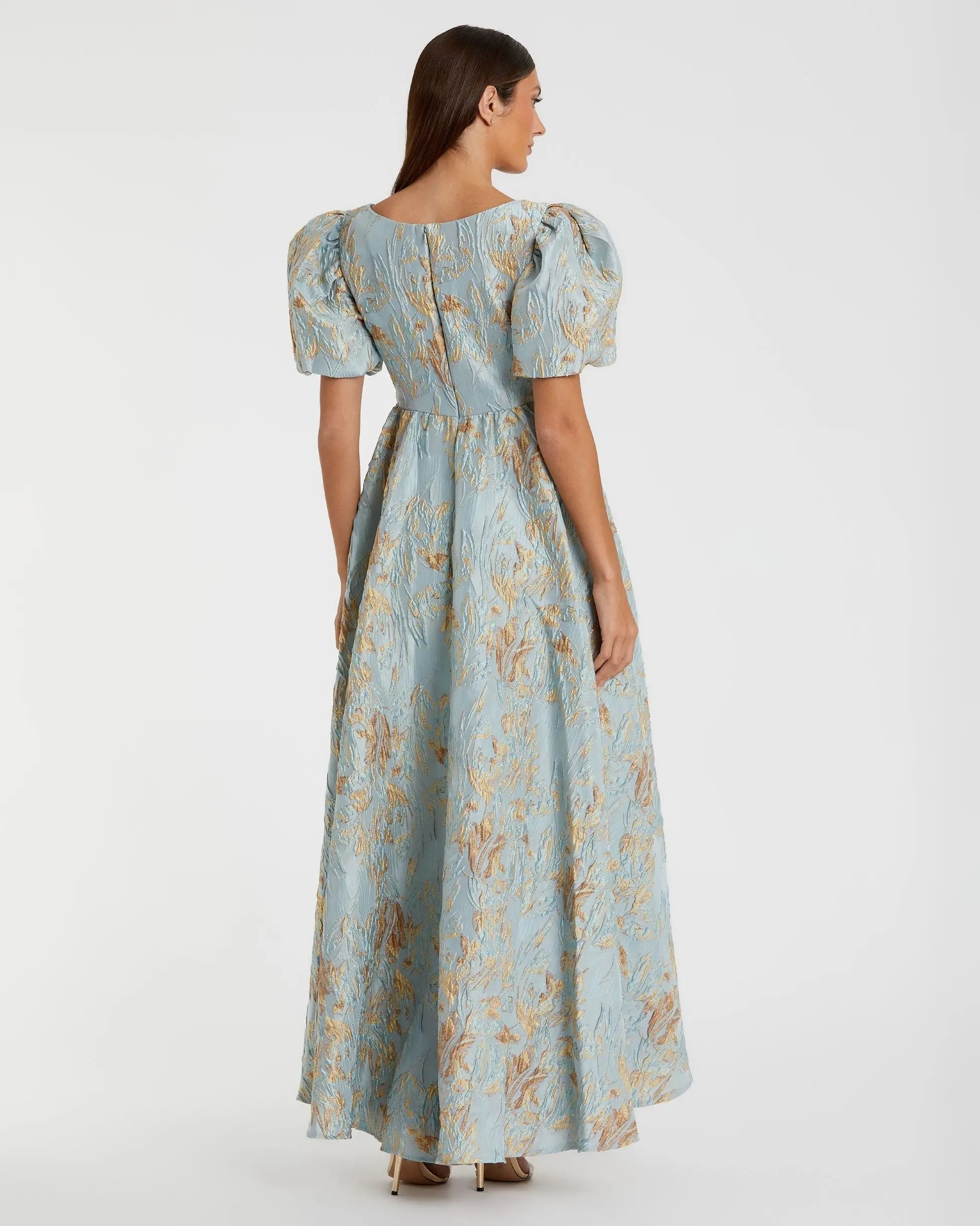 Blue Brocade Puff Sleeve High Low Gown