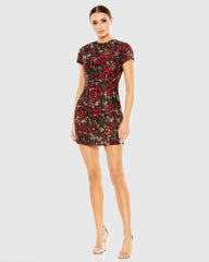 Black Floral Brocade Cap Sleeve Fitted Dress