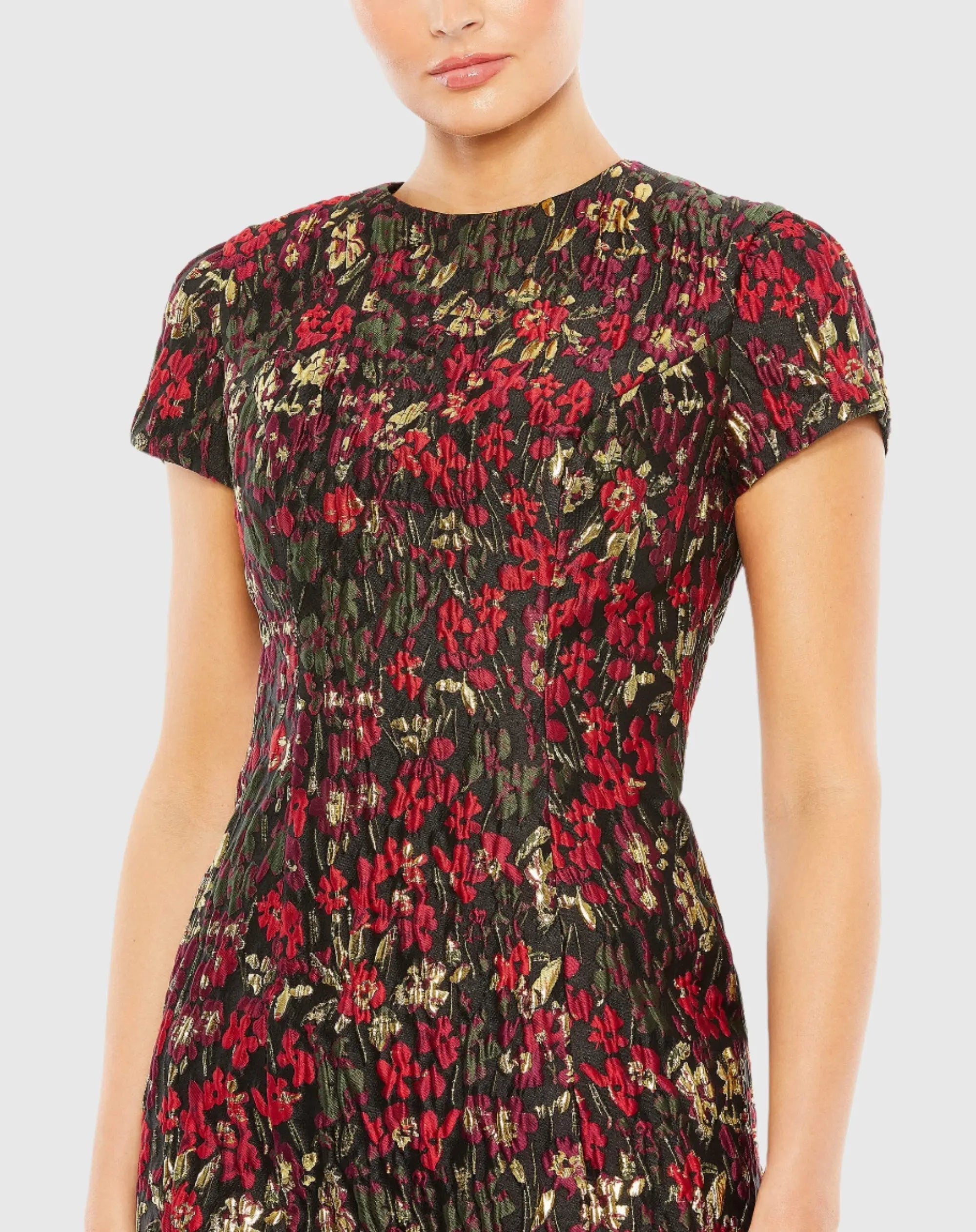 Black Floral Brocade Cap Sleeve Fitted Dress