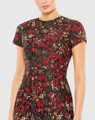 Black Floral Brocade Cap Sleeve Fitted Dress