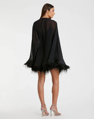 Black Trapeze Feather Trim Mini Dress