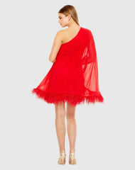 Red One Shoulder Trapeze Dress with Feather Trim