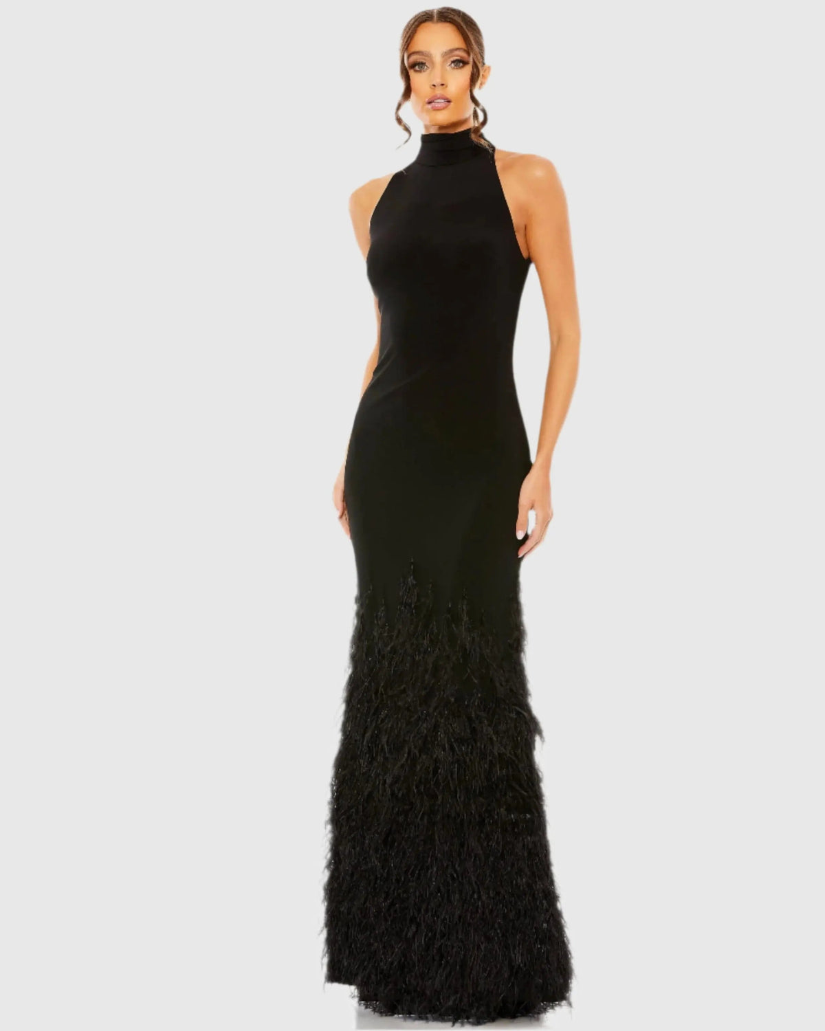 Black Jersey Halter Gown with Feather Tiered Detail