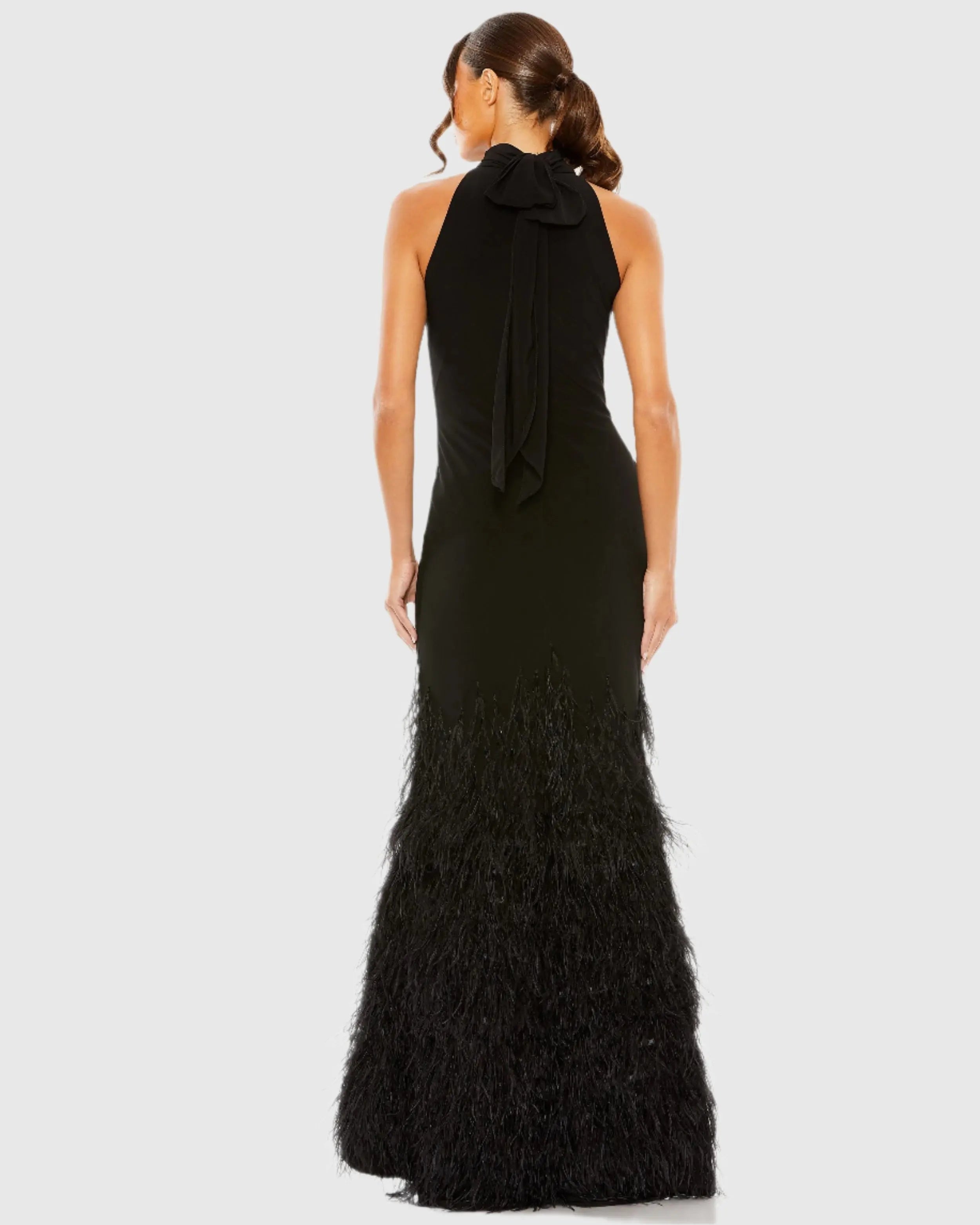 Black Jersey Halter Gown with Feather Tiered Detail