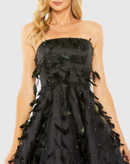 Black Strapless Feather Embellished Ball Gown