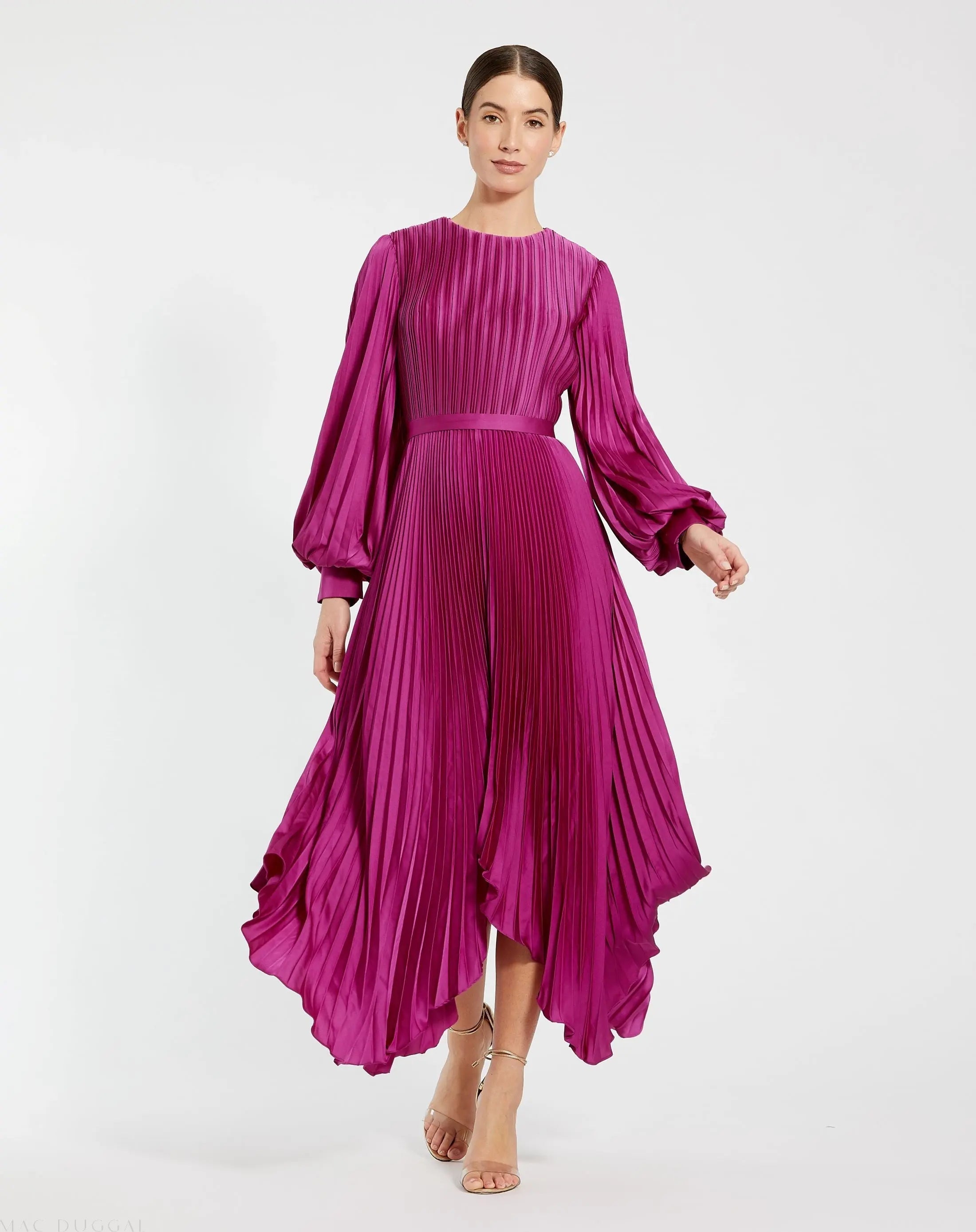 Long Sleeve Pleated Charmeuse Handkerchief Dress