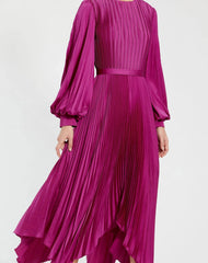 Purple Long Sleeve Pleated Charmeuse Handkerchief Dress