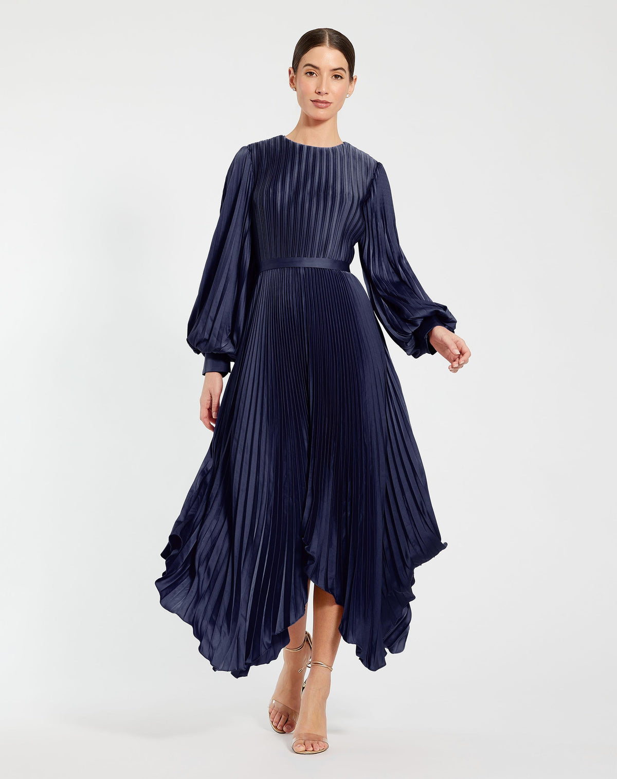 Long Sleeve Pleated Charmeuse Handkerchief Dress