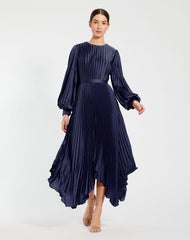 Long Sleeve Pleated Charmeuse Handkerchief Dress