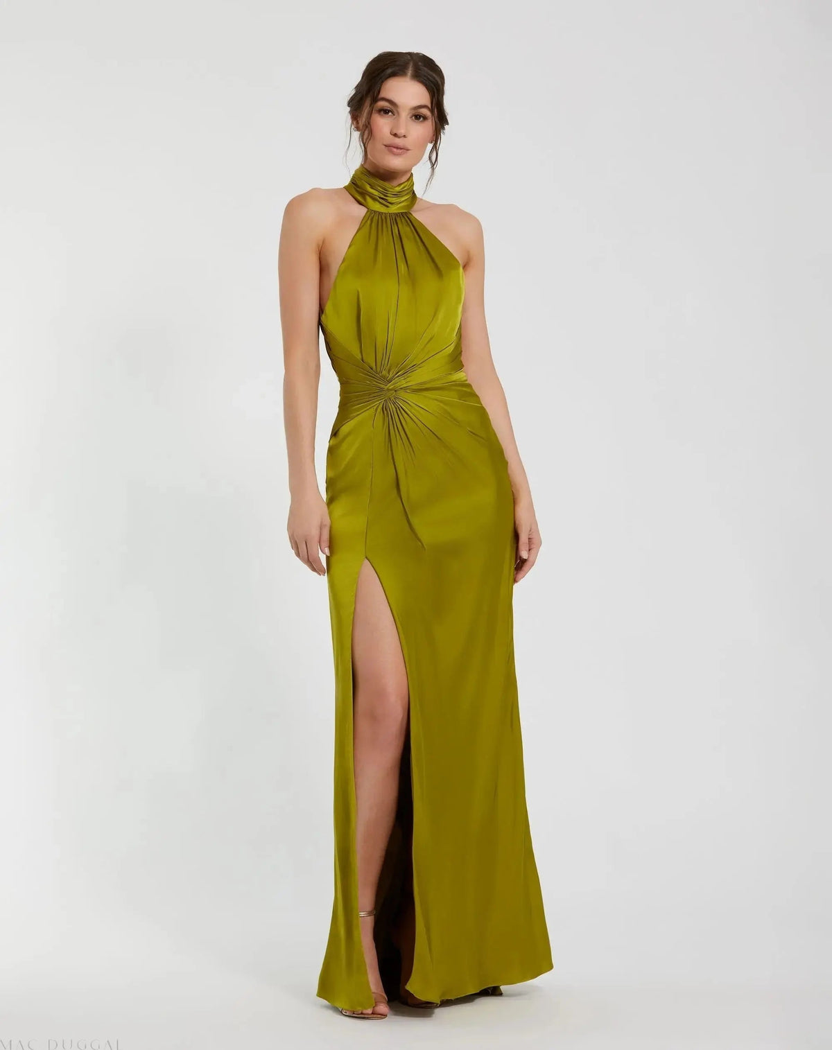 Dark Green Open Back High Neck Side Ruched Gown