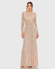 Light Pink Sequined Long Sleeve Side Knot Gown