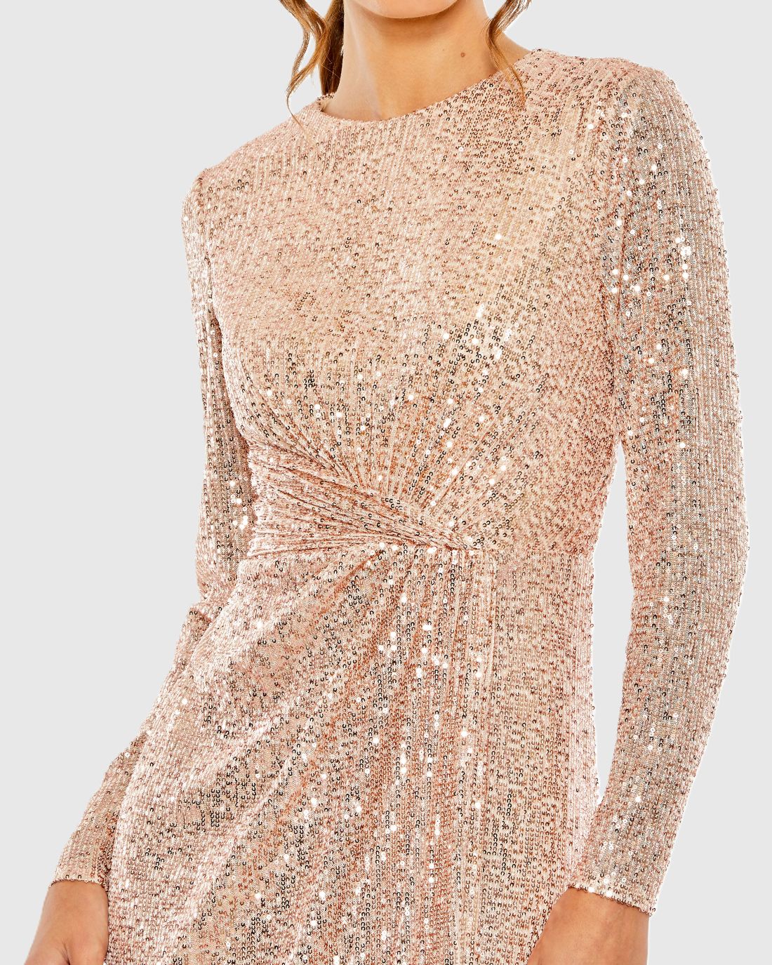 Light Pink Sequined Long Sleeve Side Knot Gown