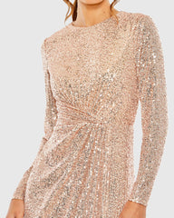 Light Pink Sequined Long Sleeve Side Knot Gown