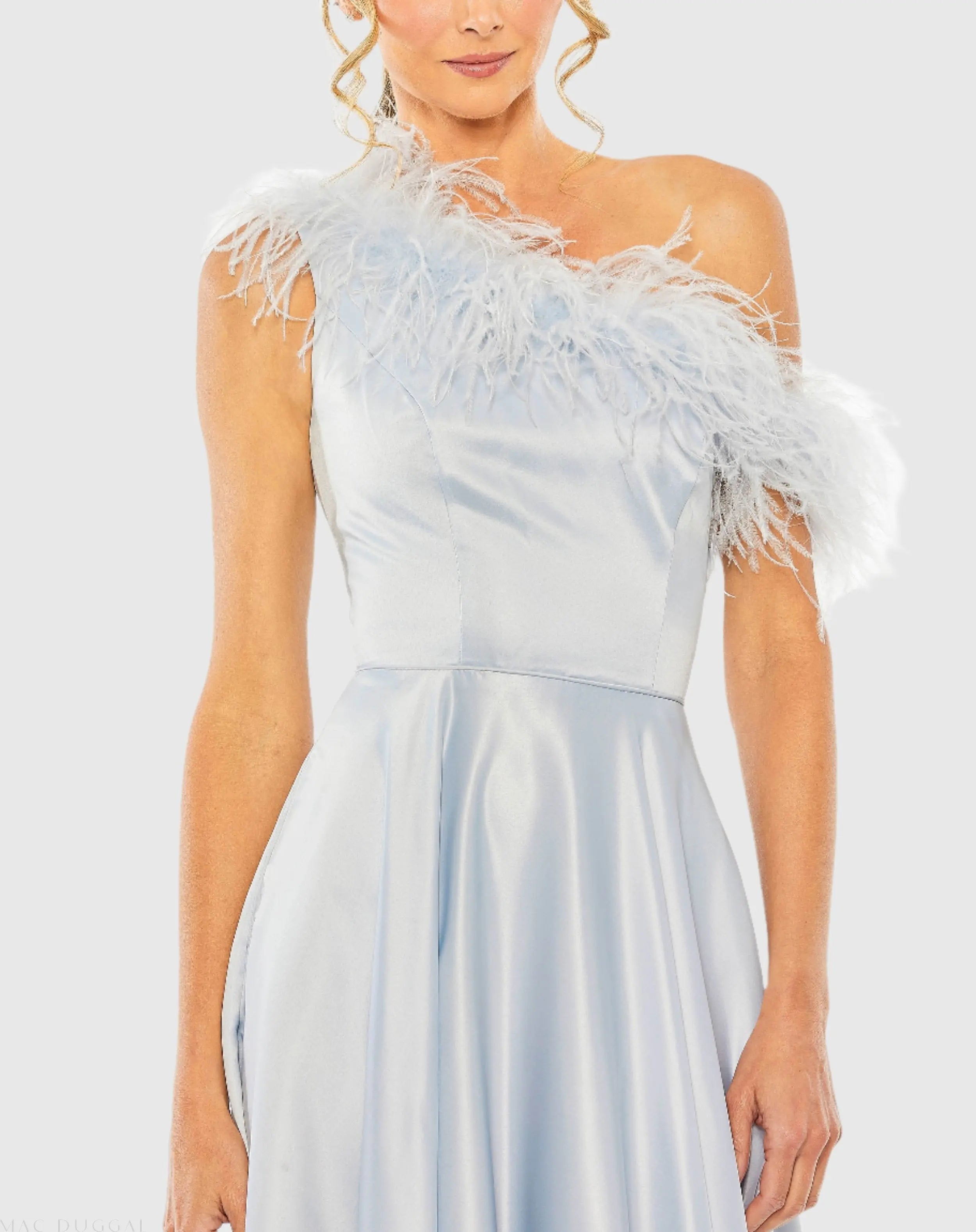 Blue One Shoulder A Line Gown With Feather Detail
