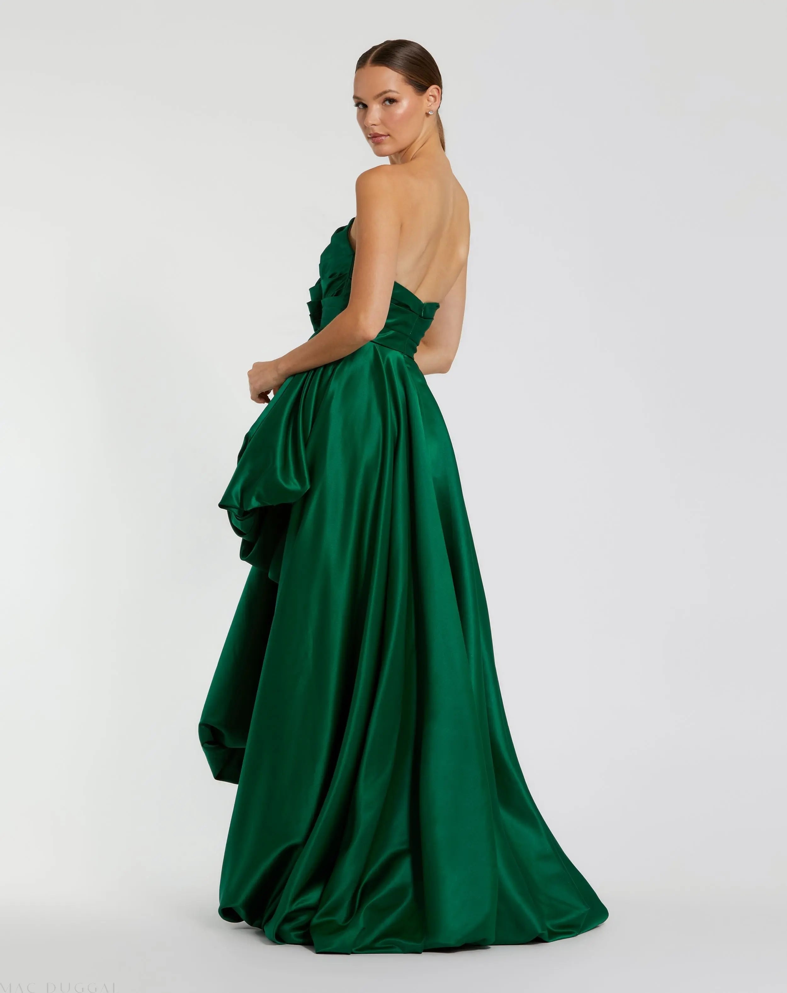 Green Strapless Ruched High Low Gown