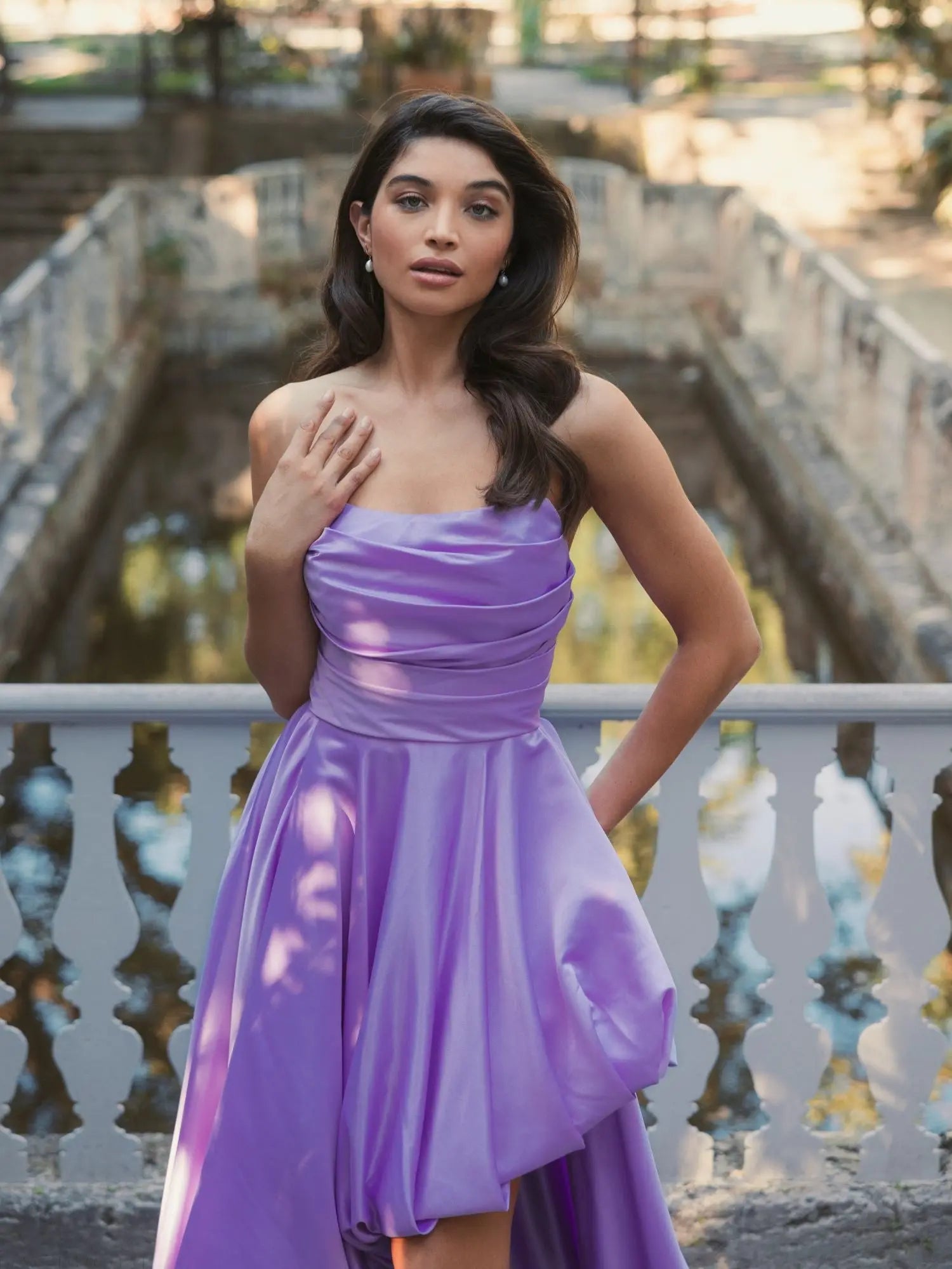 Purple Strapless Ruched High Low Gown