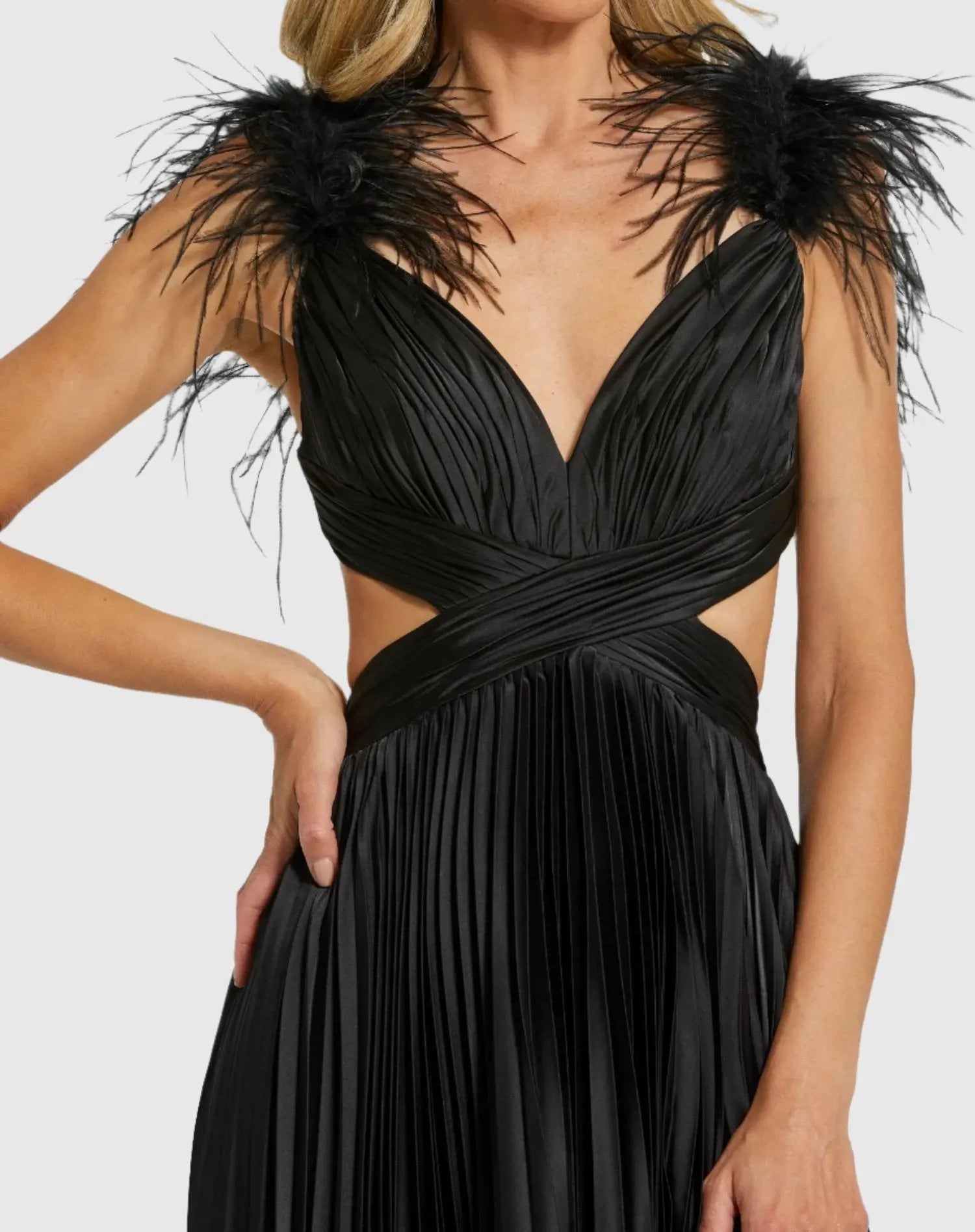 Black Pleated Feather Cap Sleeve Open Back Gown