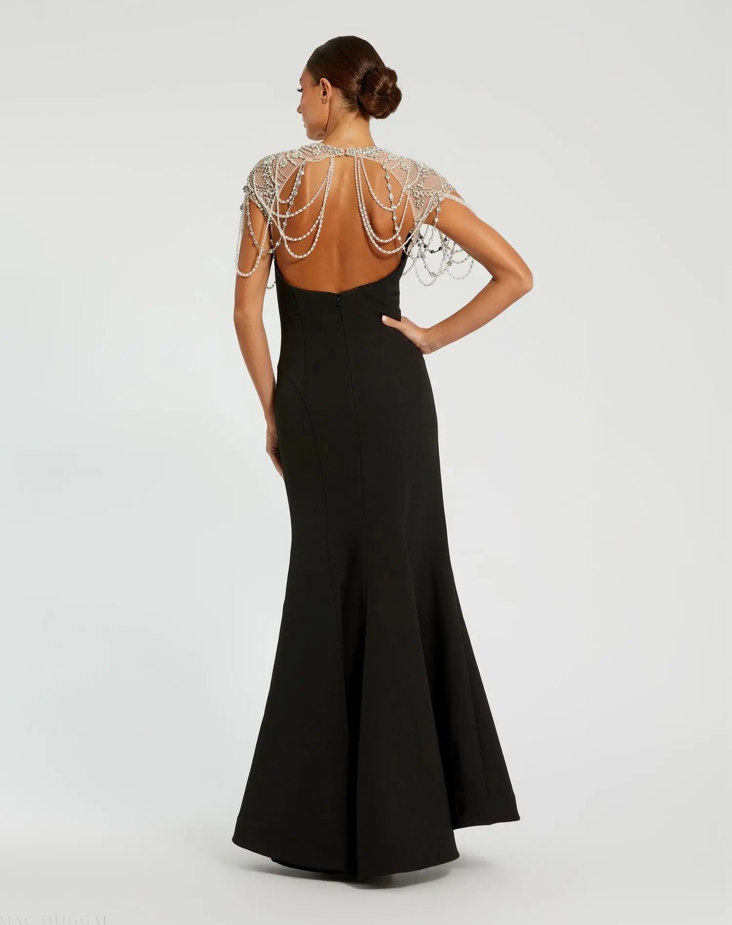 Black Draped Pearl Beaded Mermaid Gown