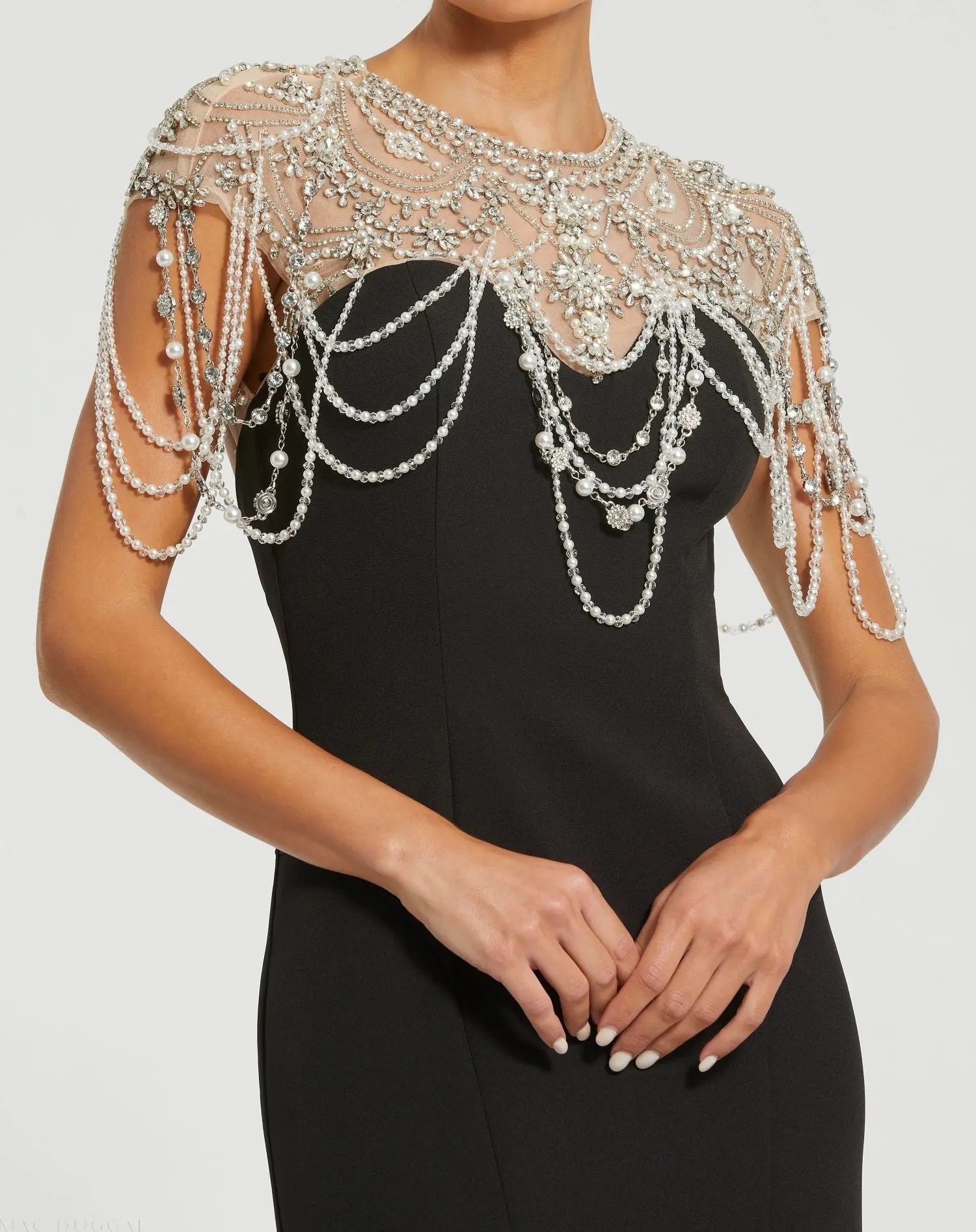 Black Draped Pearl Beaded Mermaid Gown