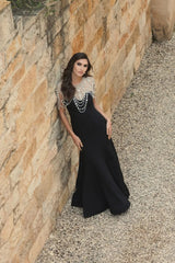 Black Draped Pearl Beaded Mermaid Gown