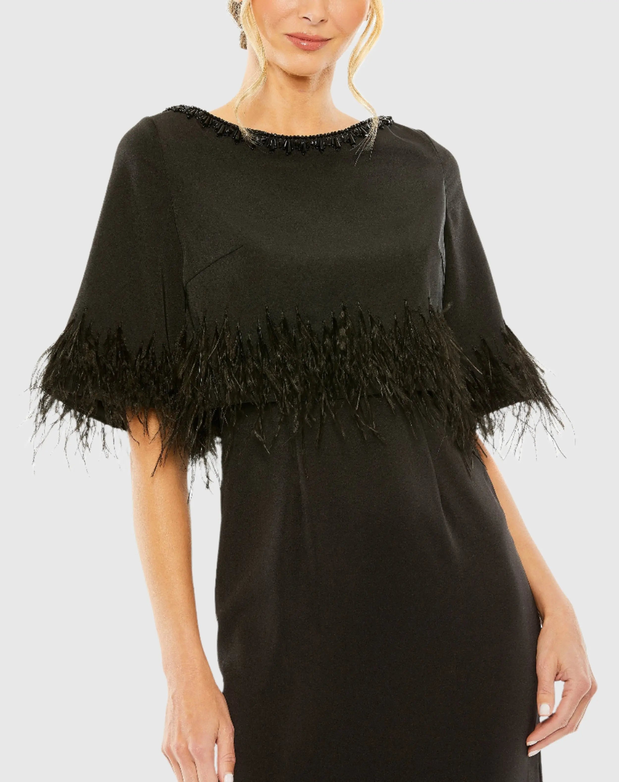 Black Short Sleeve Feather Detail Crystal Neckline Dress