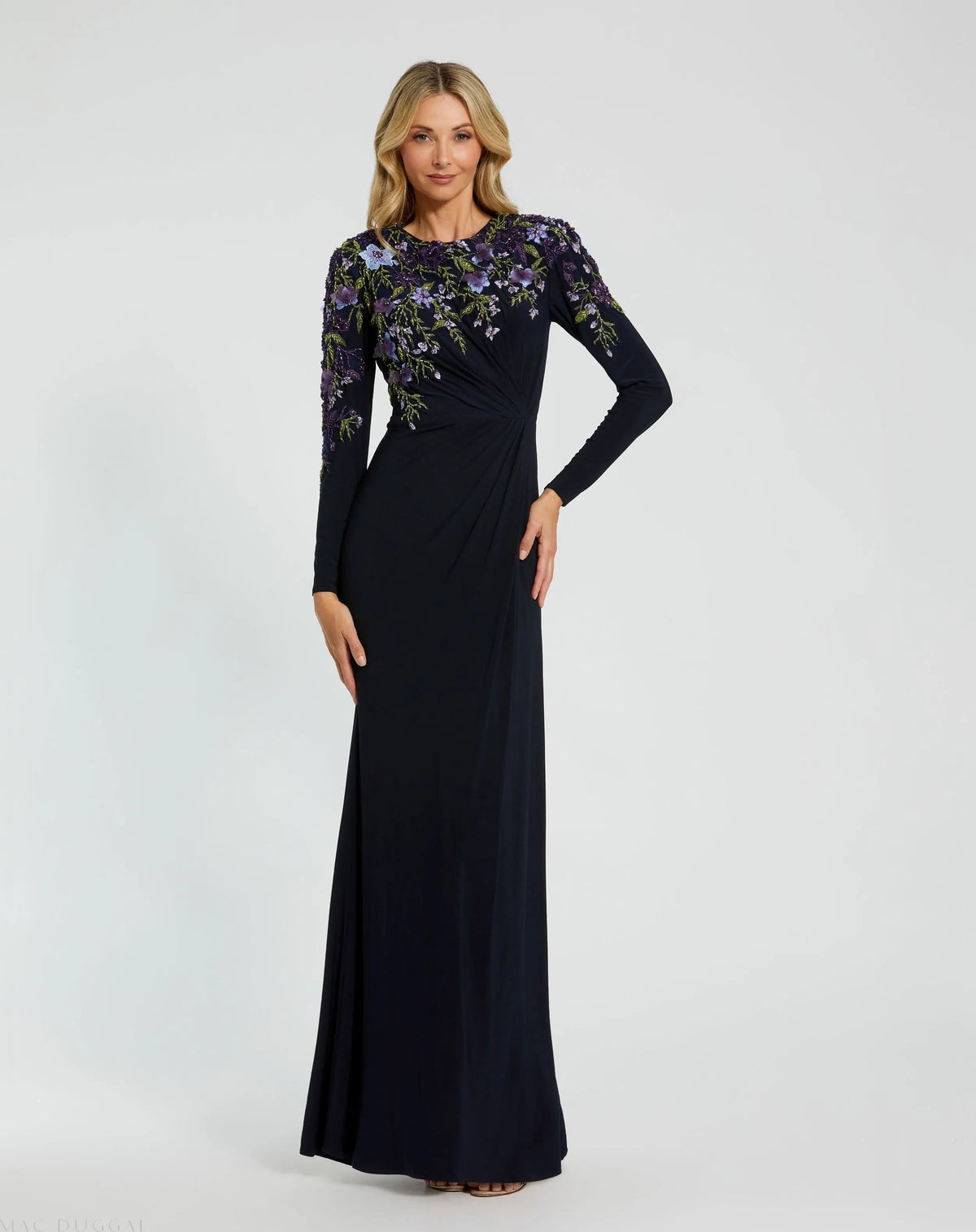 Navy Embellished Long Sleeve Fitted Jersey Gown